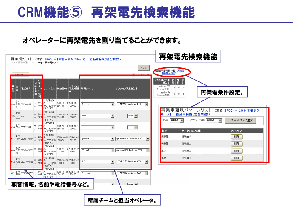 CRM機能:再架電先検索機能イメージ拡大 BlueBeanのCRM機能:再架電先検索機能